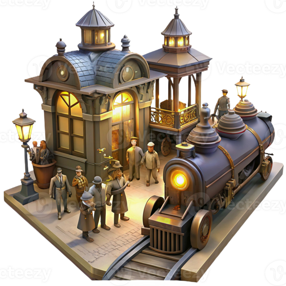 serene modern A Bustling Steampunk Train Station Fill authentic png