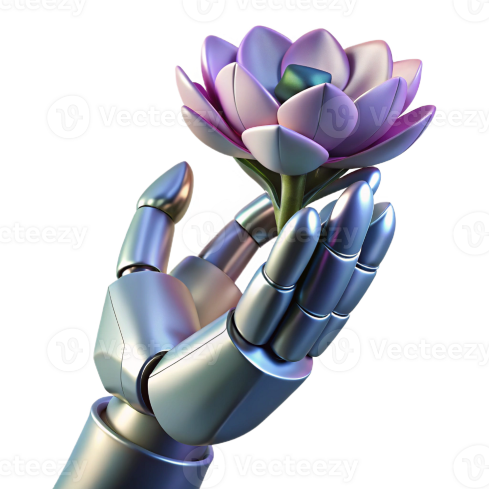 serene abstract A Robotic Hand Holding a Delicate Flower detailed png