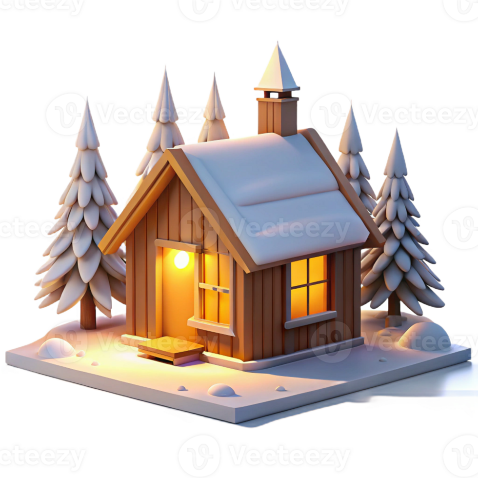 vibrant rustic Minimalist Wooden Cabin in a Snowy Fores detailed png