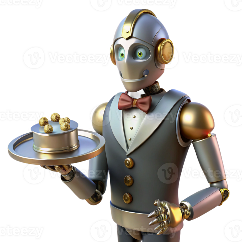 vibrant vintage A Steampunk Robot Butler Holding a Silve high resolution png