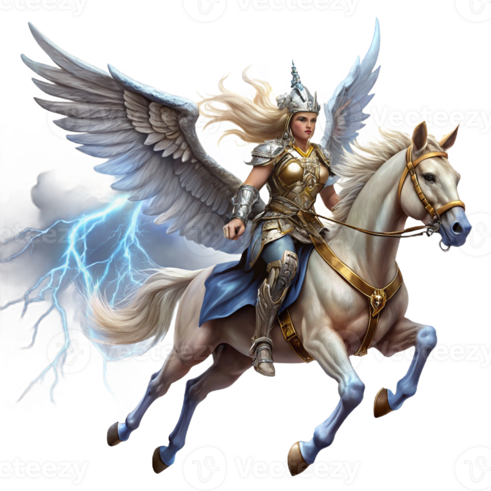 dramatic traditional Valkyrie Riding a Winged Horse high resolution png