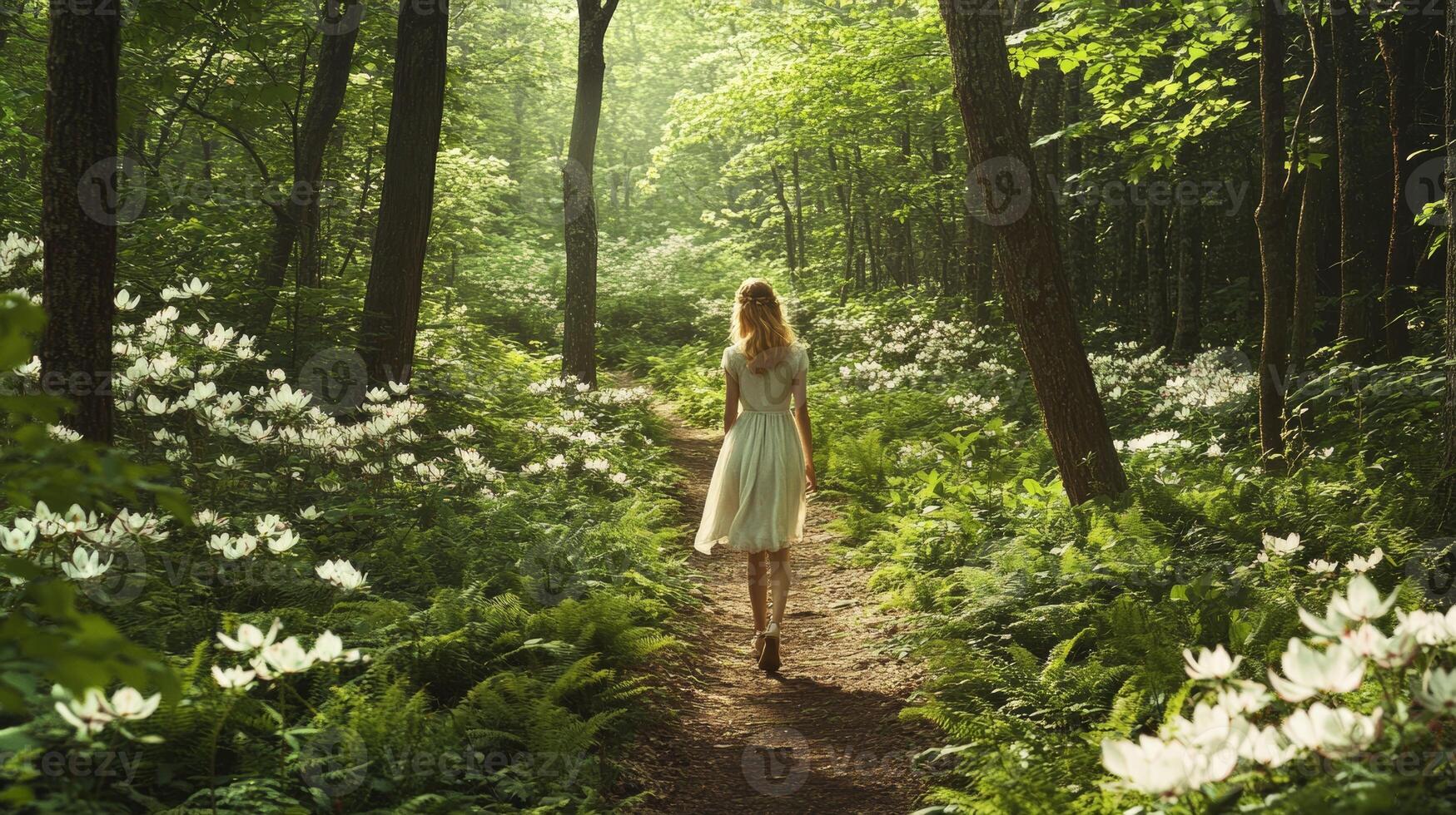 Young caucasian female walking in sunlit forest path surrounded by flowers photo