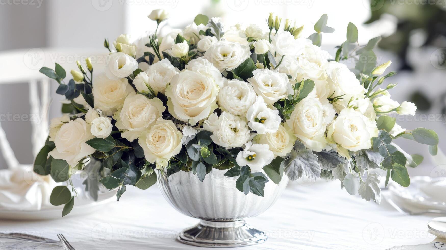Elegant white floral arrangement with roses and eucalyptus in silver vase photo