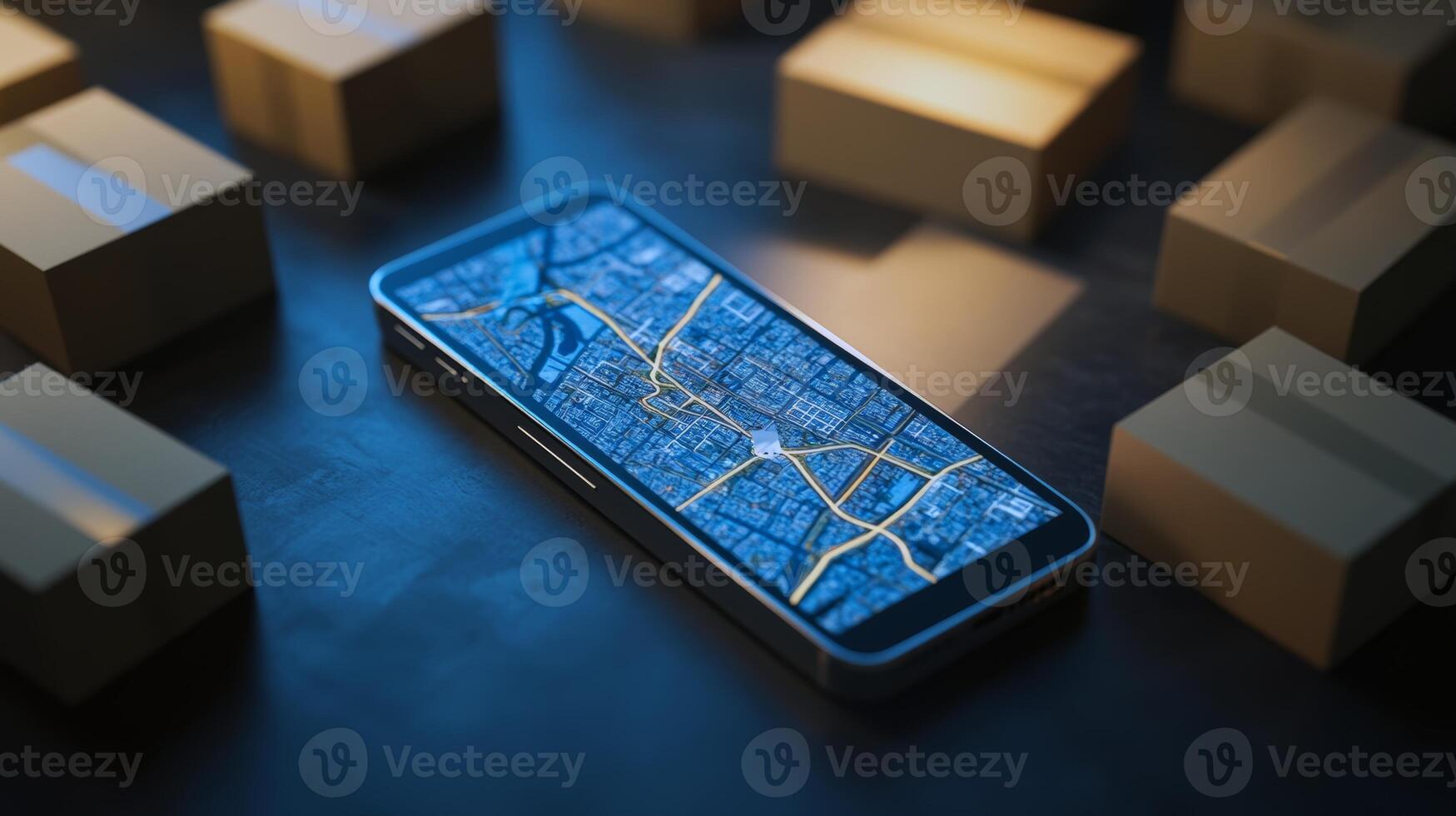 Smartphone with gps navigation display on wooden table with cardboard boxes photo
