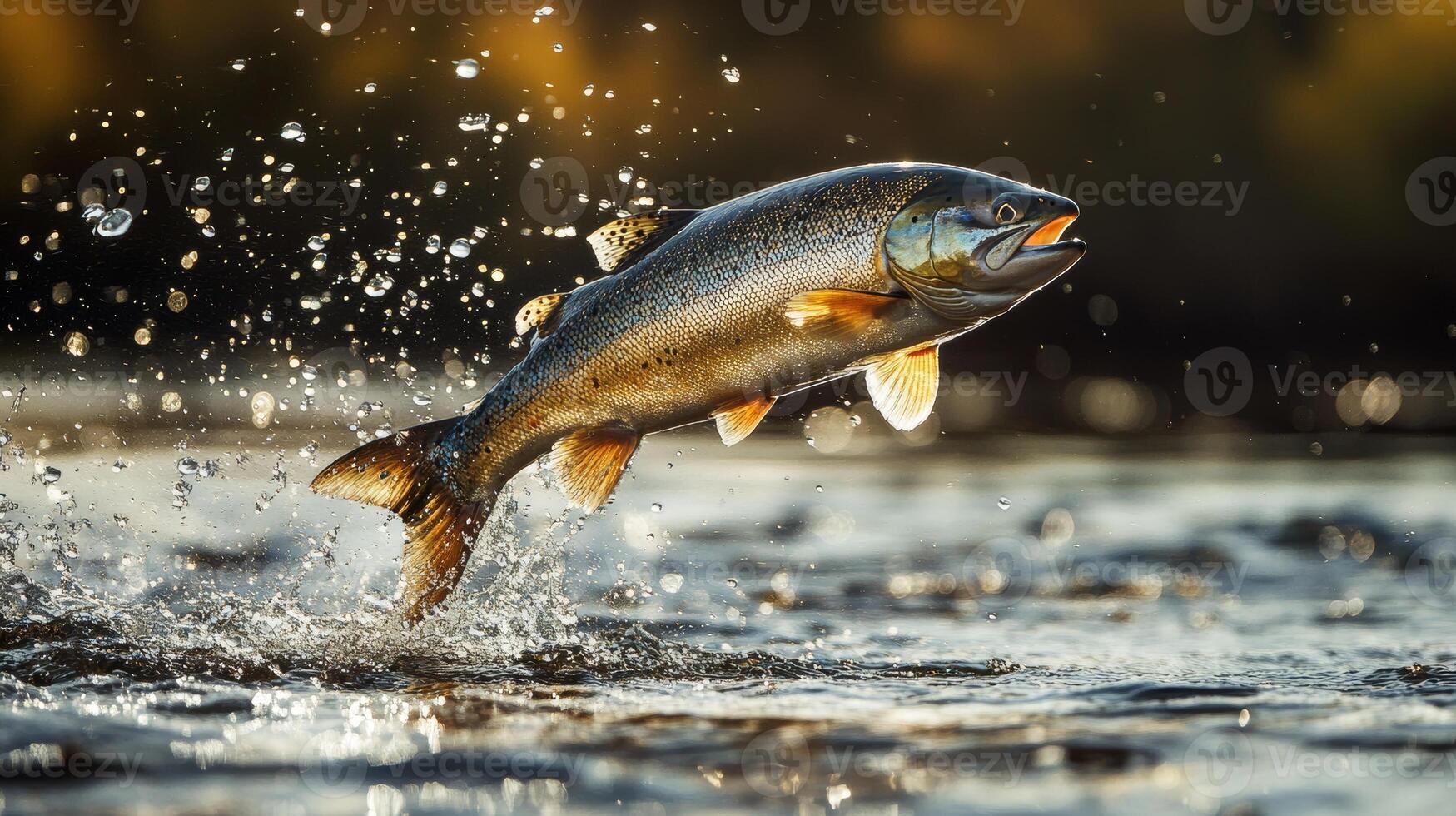 Vibrant trout leaping from sparkling river in dynamic action shot photo