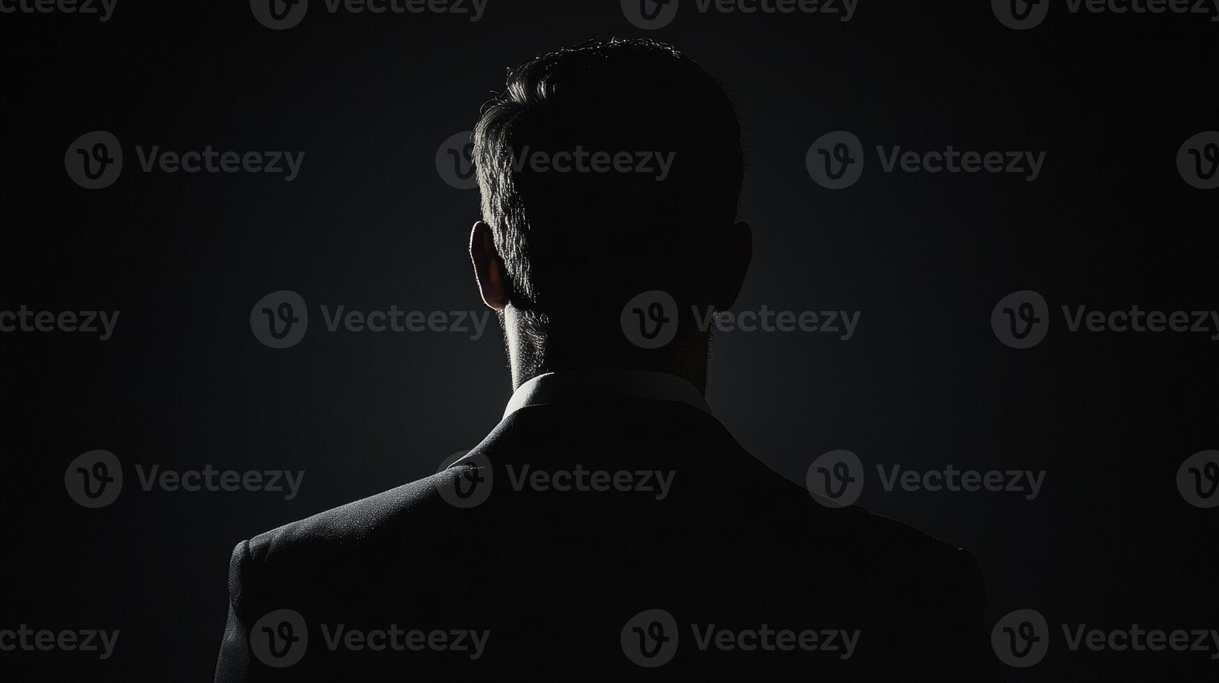 Silhouette of a young caucasian male in a suit backlit in darkness photo