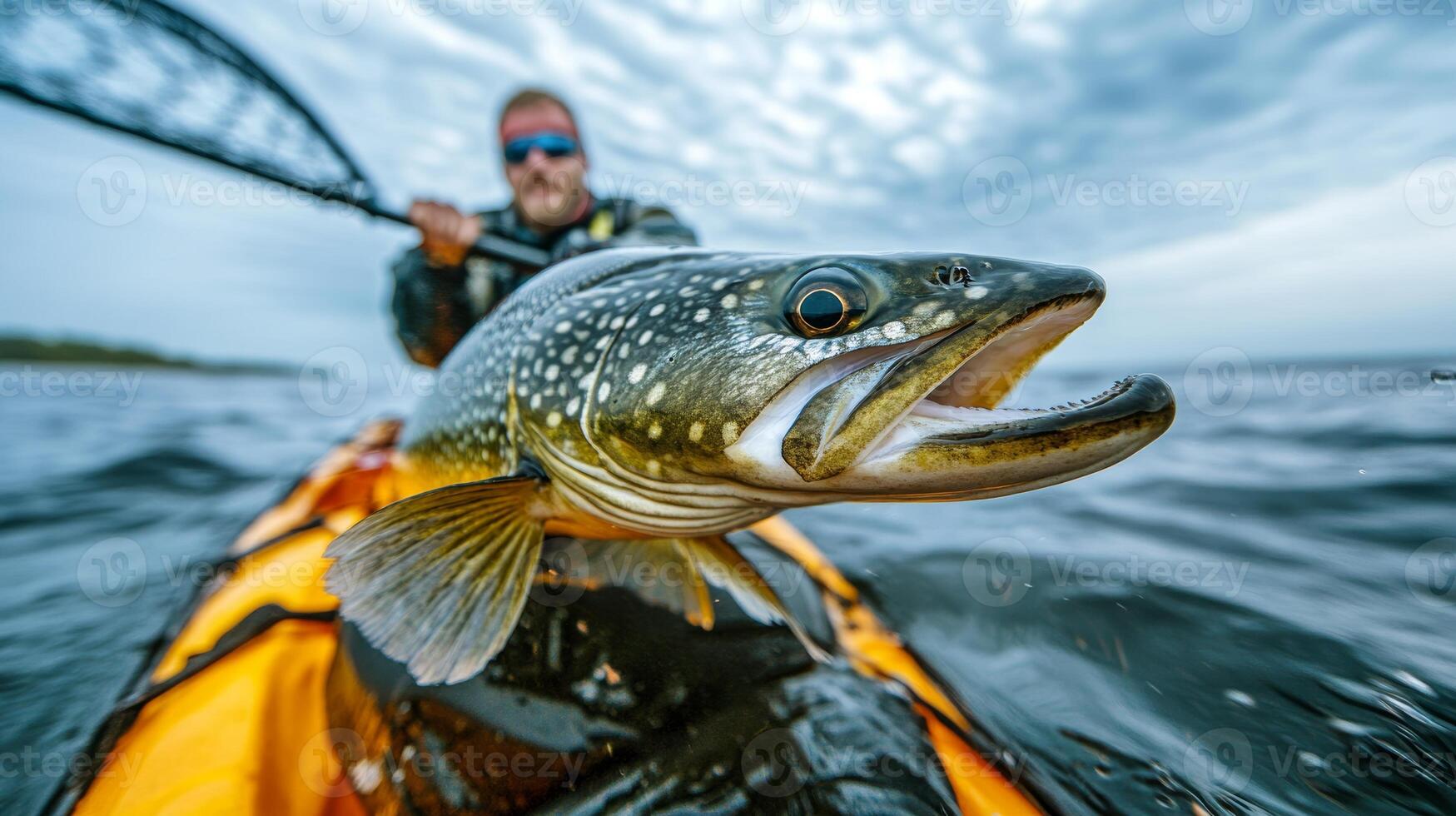 Caucasian male adult kayak fishing adventure with pike catch in open water photo