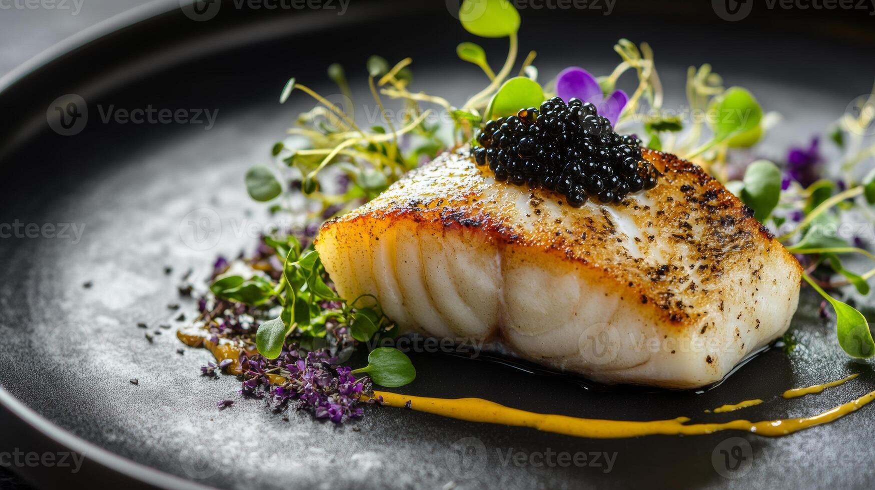Gourmet grilled fish with caviar and microgreens on a black plate photo