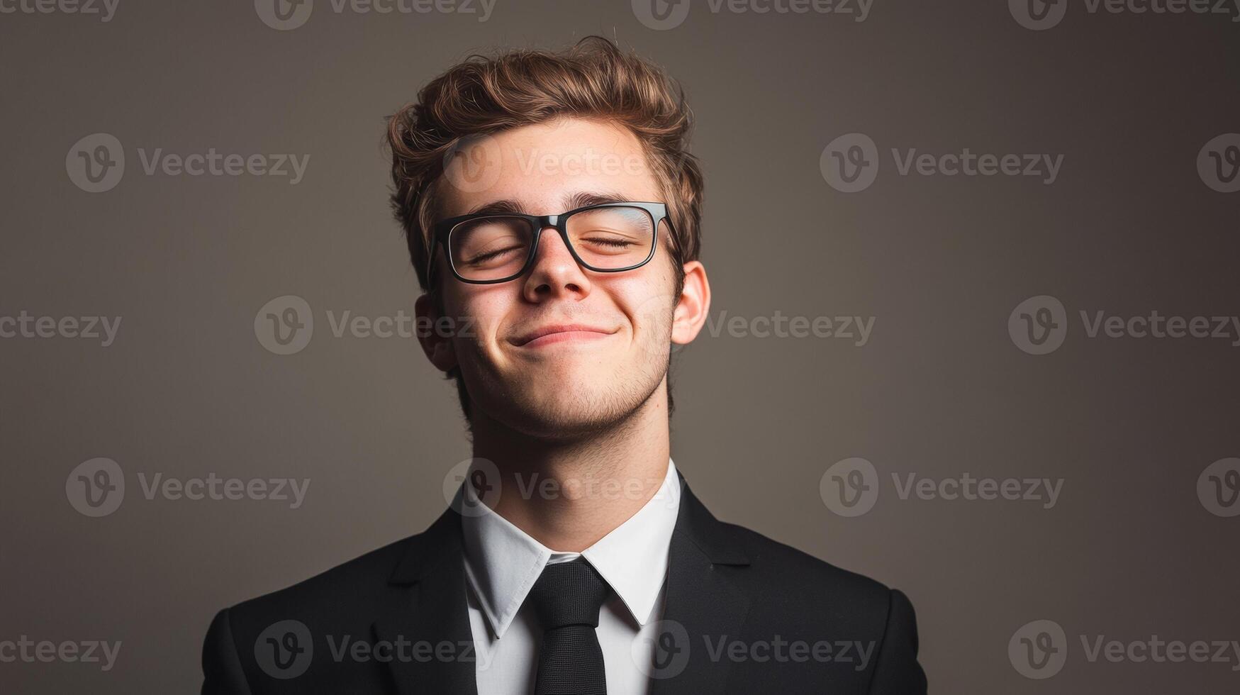 Confident young caucasian male in suit with glasses and smiling expression photo