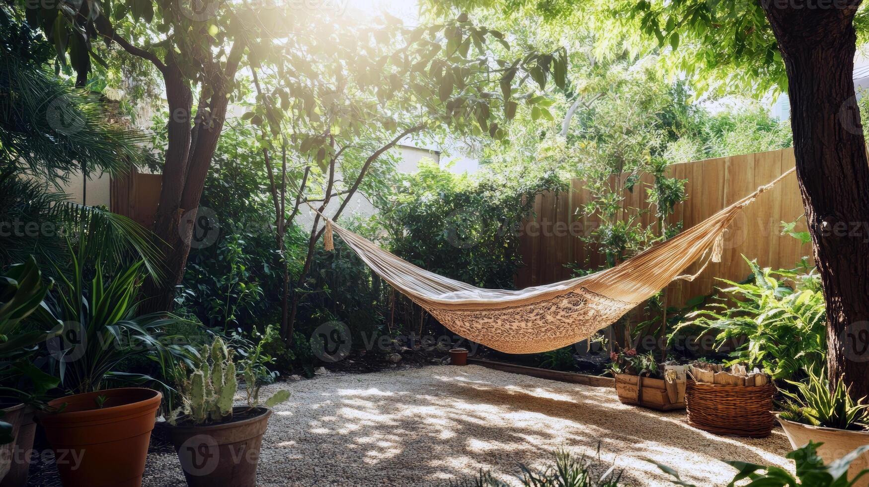 Tranquil backyard hammock among lush greenery in sunlit garden photo