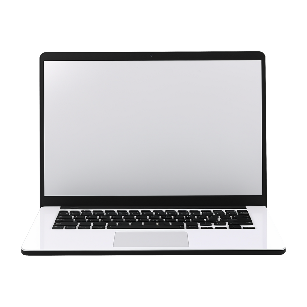 Open notebook computer with blank display isolated on transparent background png
