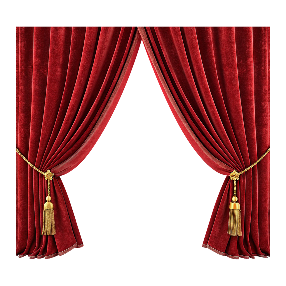 Grand red stage drapes open wide on transparent background png