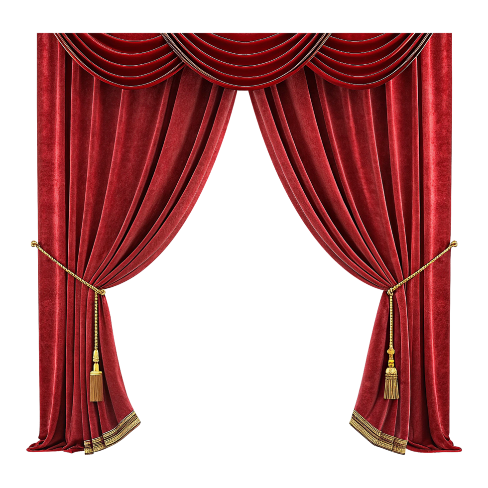 Opulent red velvet performance curtains open on transparent background png