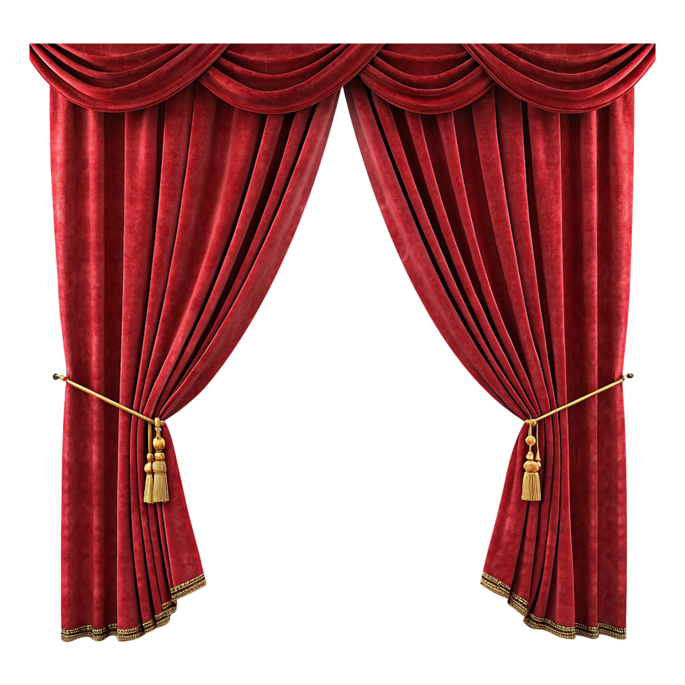 Classic red velvet theater curtains parted on transparent background png