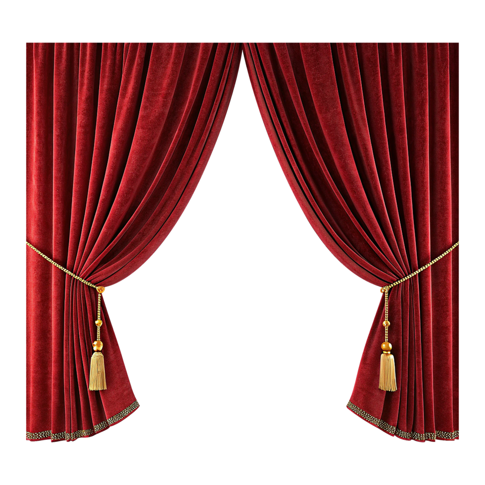 Majestic red theater drapery drawn apart on transparent background png