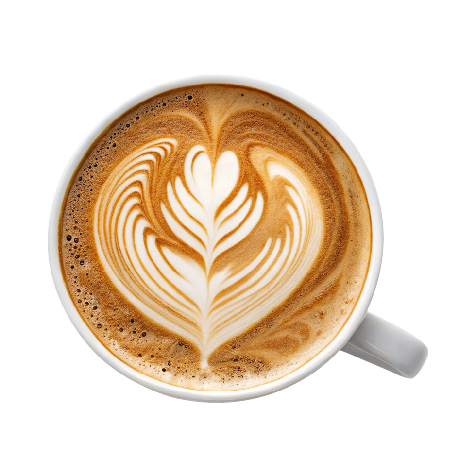 Aromatic coffee with heart latte art top down view on transparent background png