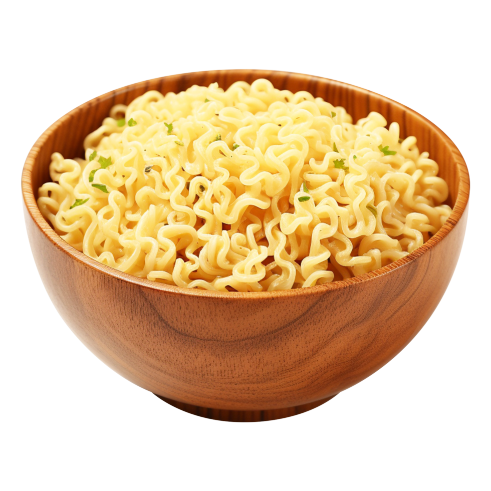 Flavored instant ramen noodles in a wooden bowl isolated on transparent background png