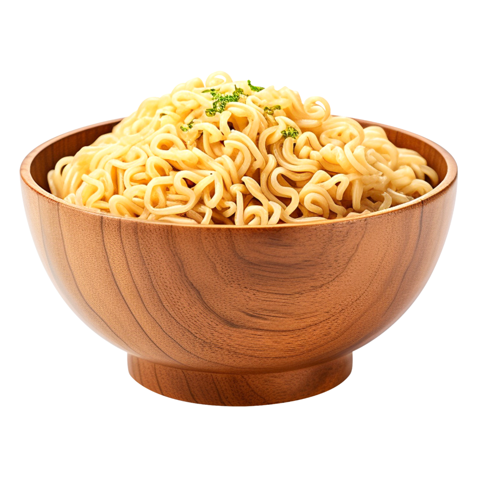 Freshly cooked instant noodles in a wooden bowl isolated on transparent background png