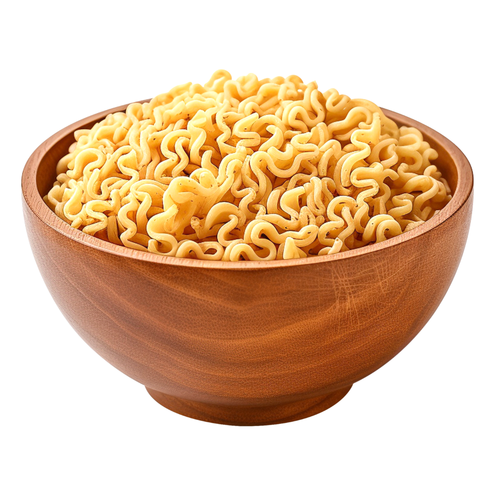 Hot soup noodles in a wooden bowl isolated on transparent background png