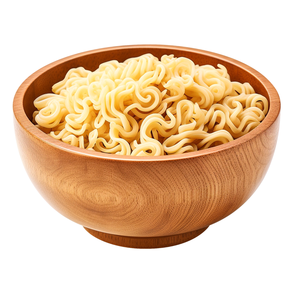Spicy instant noodles in a wooden bowl isolated on transparent background png