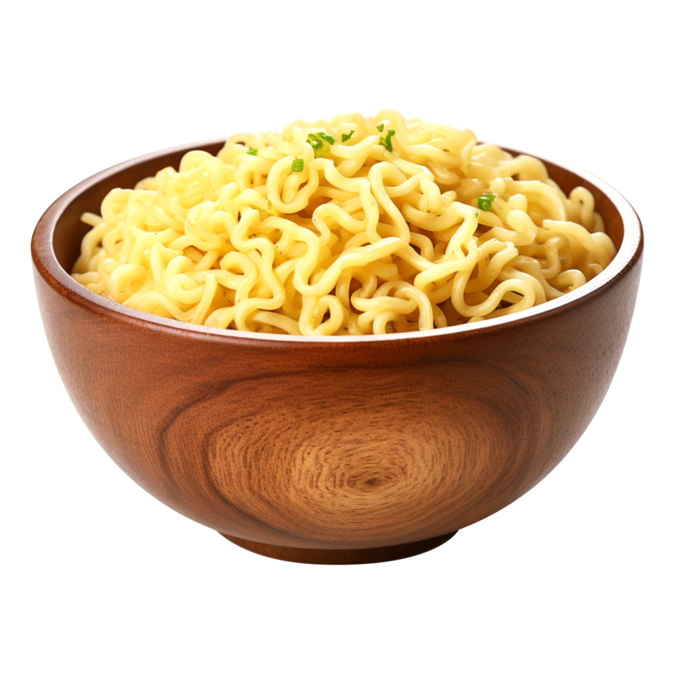 Instant cup noodles served in a wooden bowl isolated on transparent background png