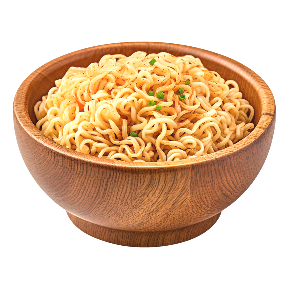 Golden instant noodles in a traditional wooden bowl isolated on transparent background png