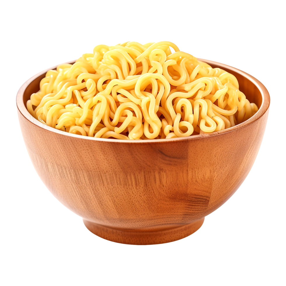 Classic instant noodle dish in a wooden bowl isolated on transparent background png