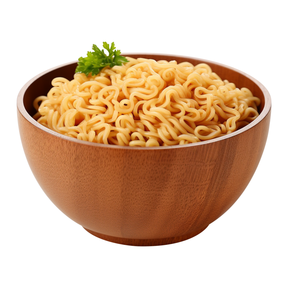 Quick and easy instant noodles in a wooden bowl isolated on transparent background png