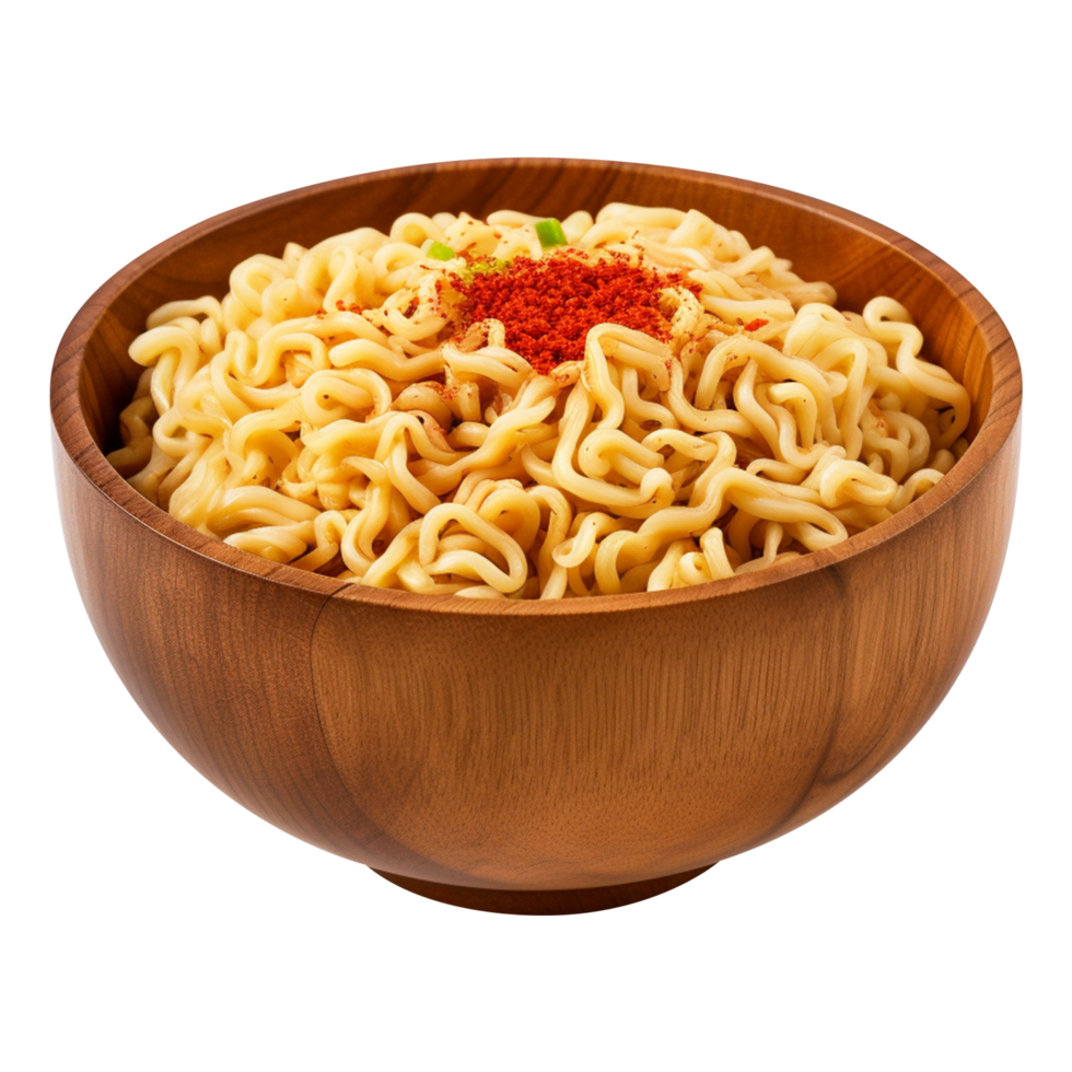 Hot and steamy instant noodles in a wooden bowl isolated on transparent background png
