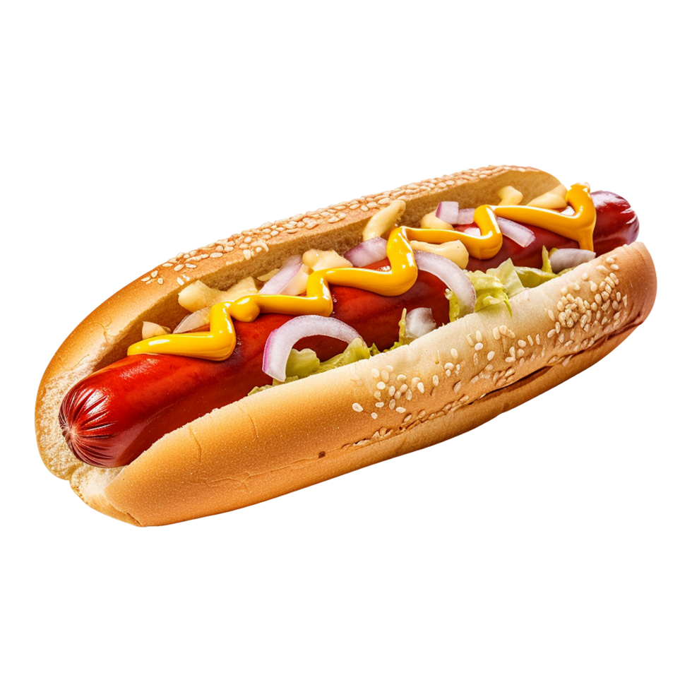 Tasty hot dog with condiments isolated on transparent background png