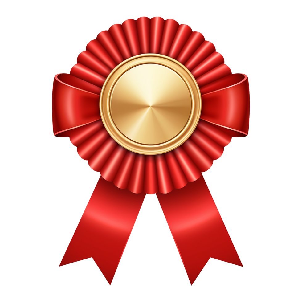Shiny metallic badge with red ribbon isolated on transparent background png
