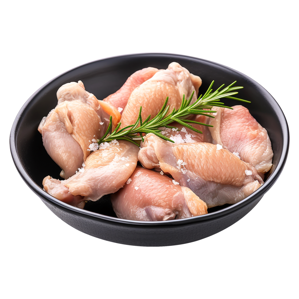 Fresh raw chicken legs in a black bowl isolated on transparent background png