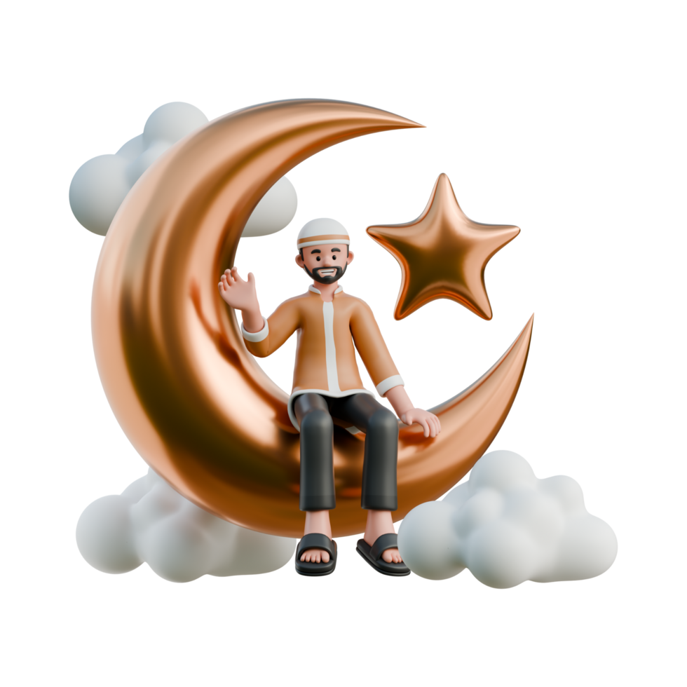 a man sitting on a crescent with stars and clouds, 3d ramadan icon png