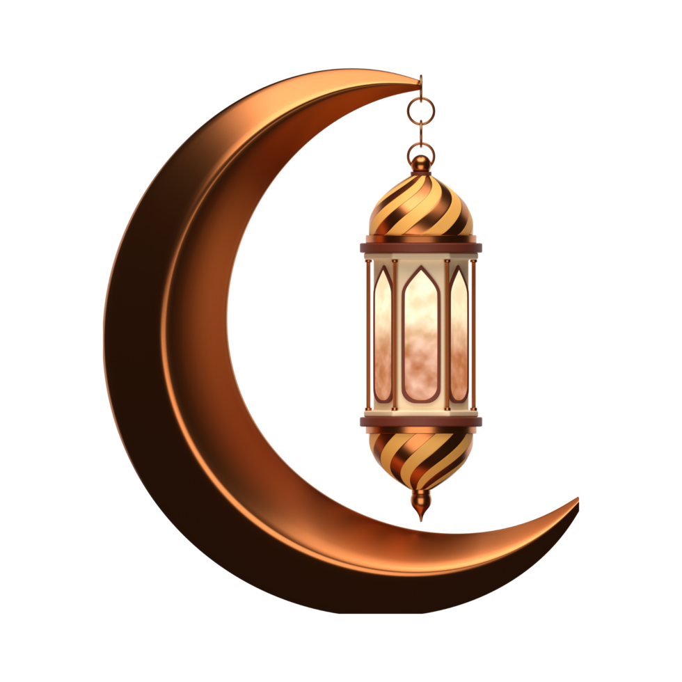 a crescent with a lamp on it, isolated on transparent background. 3d ramadan icon png