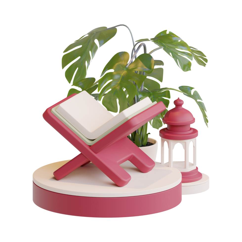 a pink book and a lamp on a stand, 3d ramadan icon png
