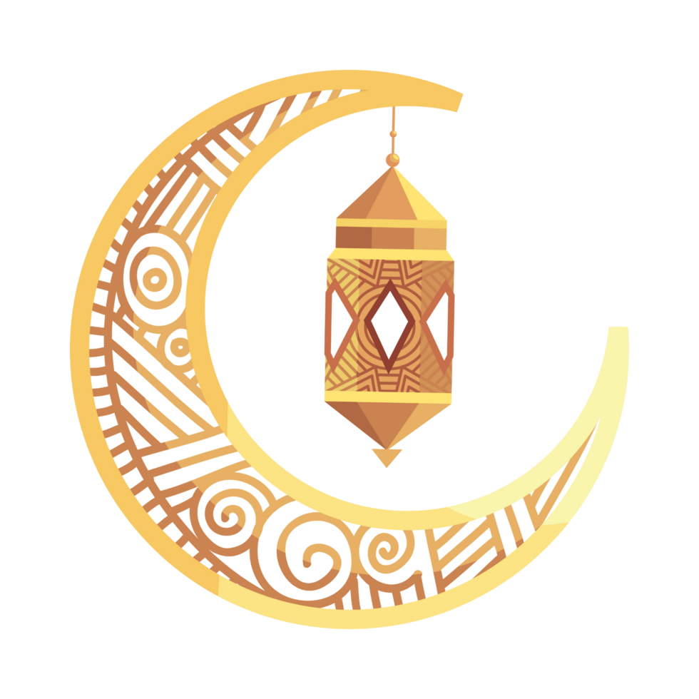 crescent with a lantern and arabic pattern on transparent background. 3d ramadan icon png