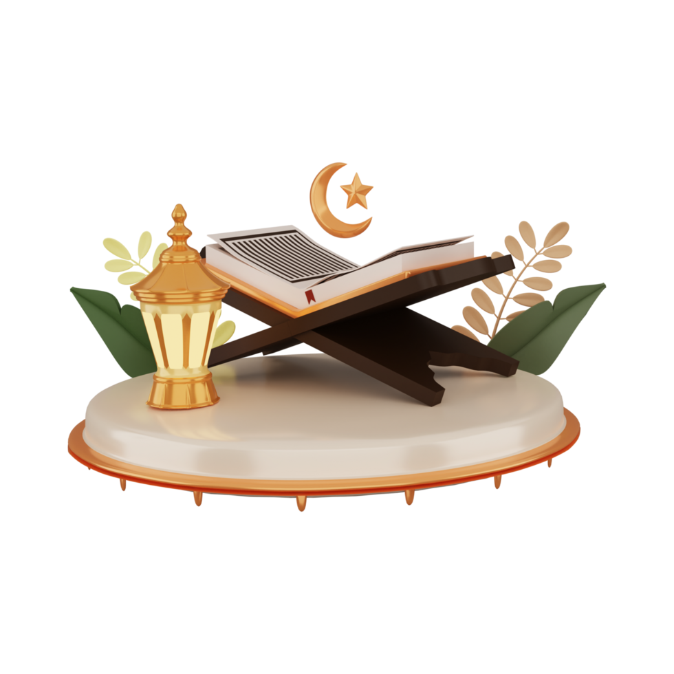 islamic quran and lamp on a table with a crescent moon and leaves, 3d ramadan icon png