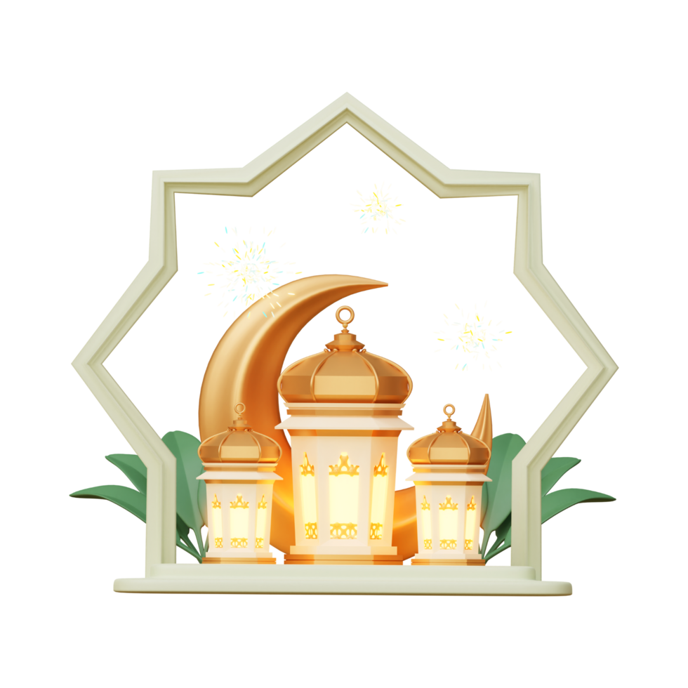 islamic ramadan kareem greeting card with golden lanterns and crescent. 3d ramadan icon png