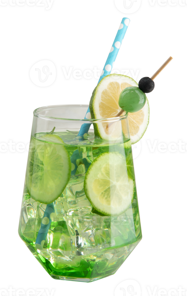liquor stream filling mint cocktail in tall crystal glass garnished with lemon slice, blue sherbet and green cherry png