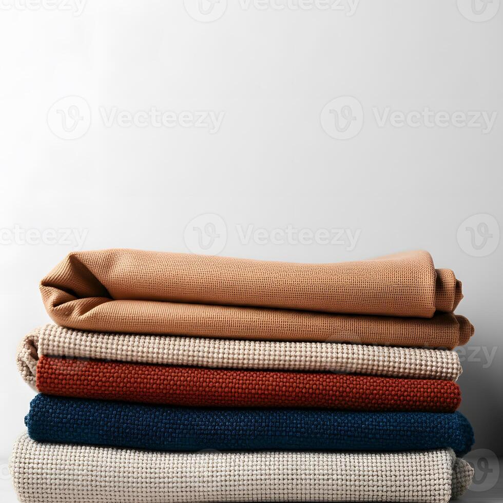 Folded cotton linen fabric in neutral earthy tones stacked on a white background texture textile design home decor concept photo