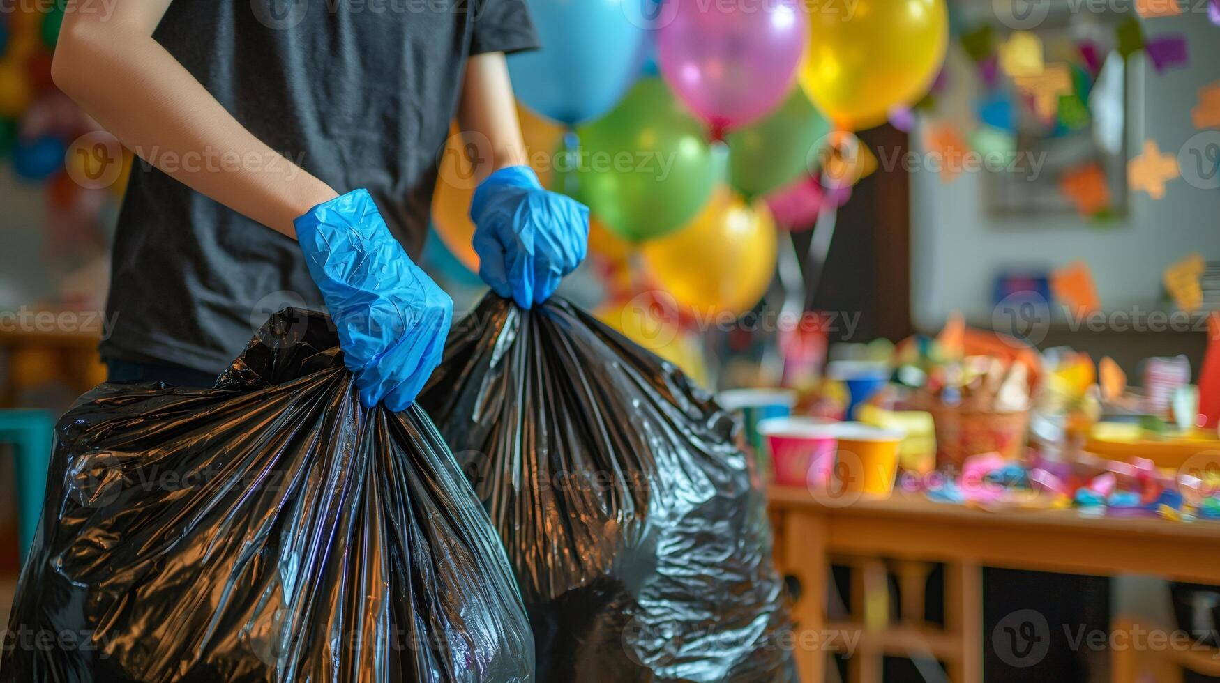 Gloved hands carrying full garbage bags after party, cleaning up mess with blurred balloons and table in background photo