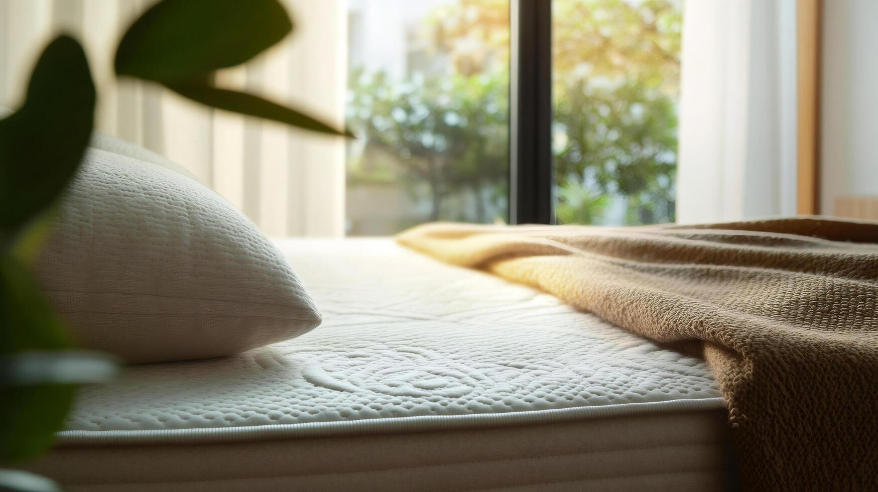 Soft sunlight filtering through window, highlighting pristine bed with textured blanket, casting warm glow across cozy bedroom interior photo