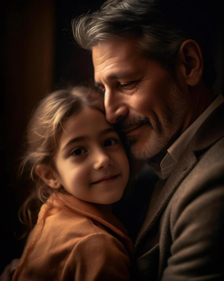 Loving father embracing child, soft home lighting creating intimate family connection photo