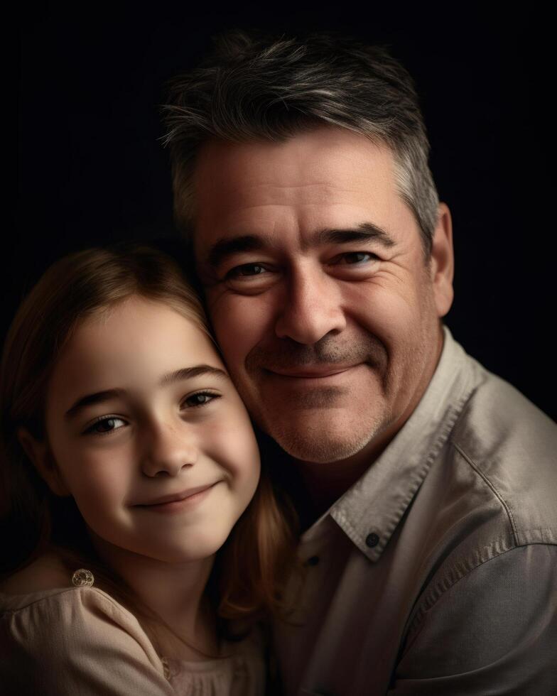 Father and daughter smiling and embracing in a studio portrait, showcasing a warm and loving family bond photo