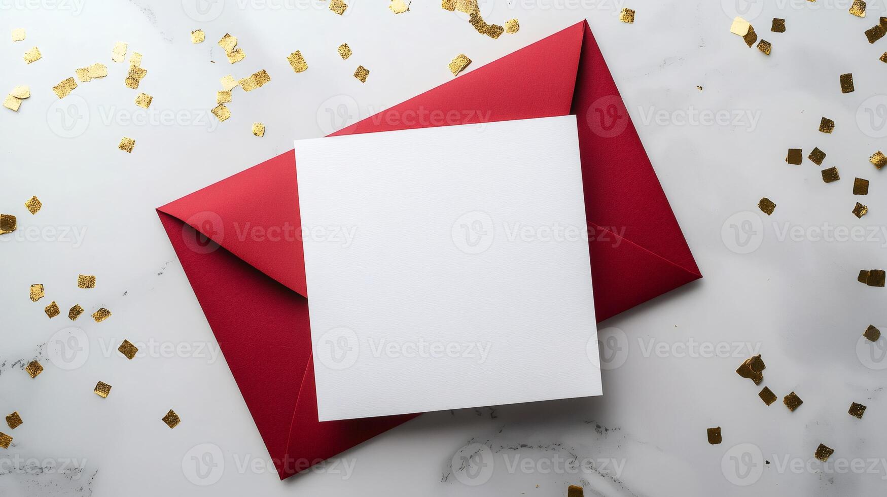 Red envelope containing blank white card resting on marble background with gold confetti, creating festive atmosphere photo