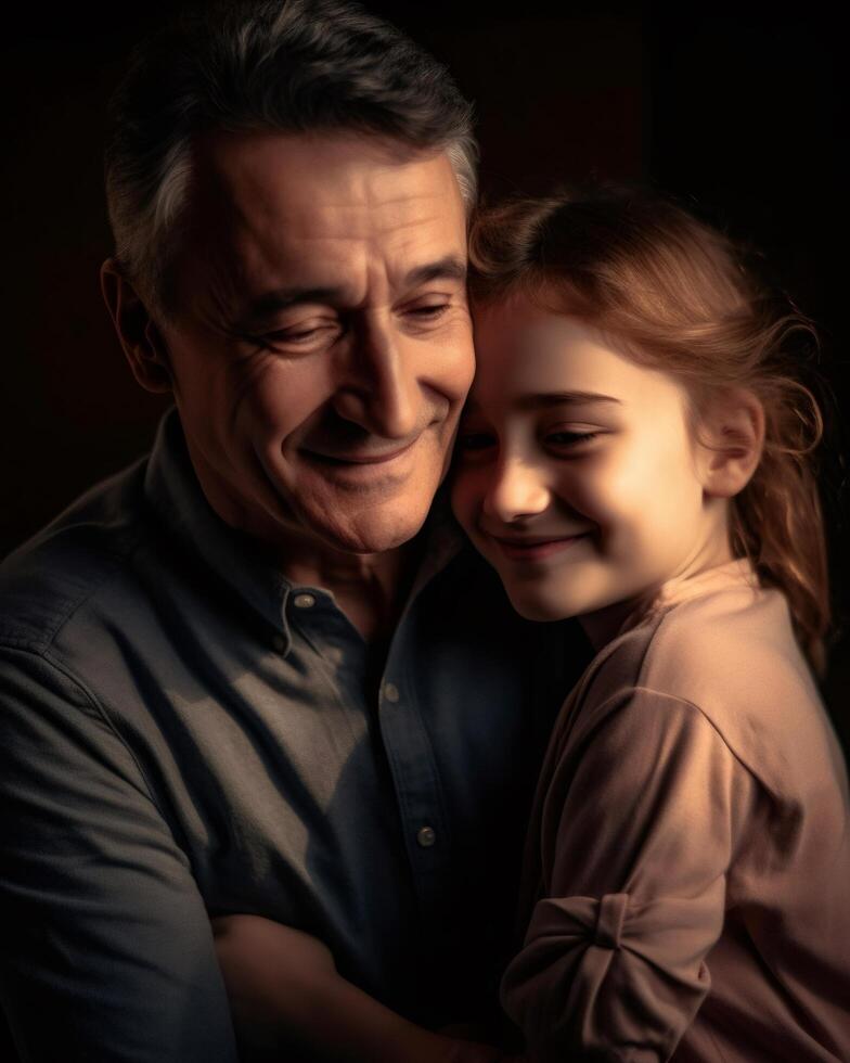Father and daughter hugging each other with closed eyes photo