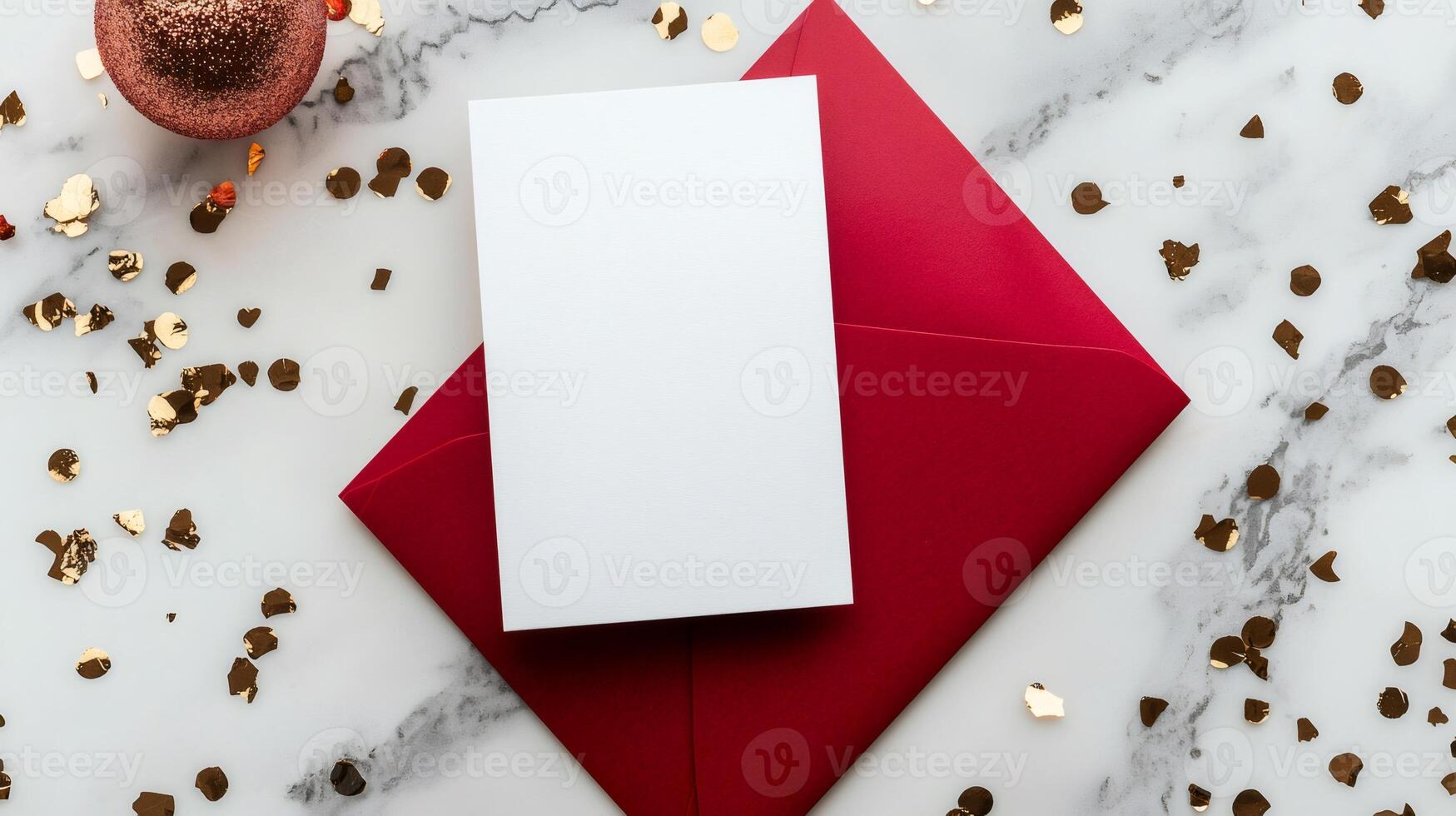 White christmas card resting on red envelope, sprinkled with golden confetti, elegant marble background creating festive holiday scene photo