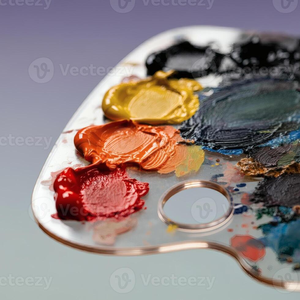 close up of oil paint palette featuring vibrant, textured strokes of various colors, highlighting the creativity of an artist photo