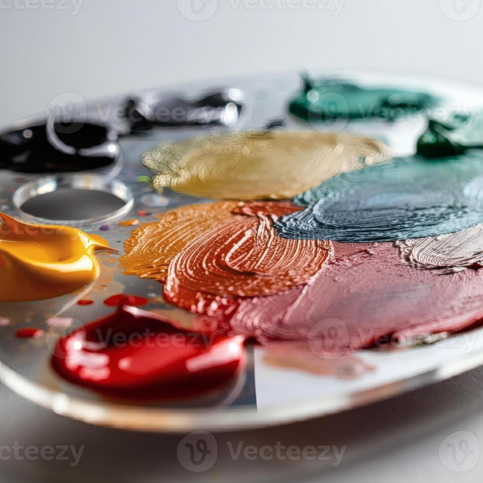 close up of oil paint palette featuring vibrant, textured strokes of various colors, highlighting the creativity of artist photo