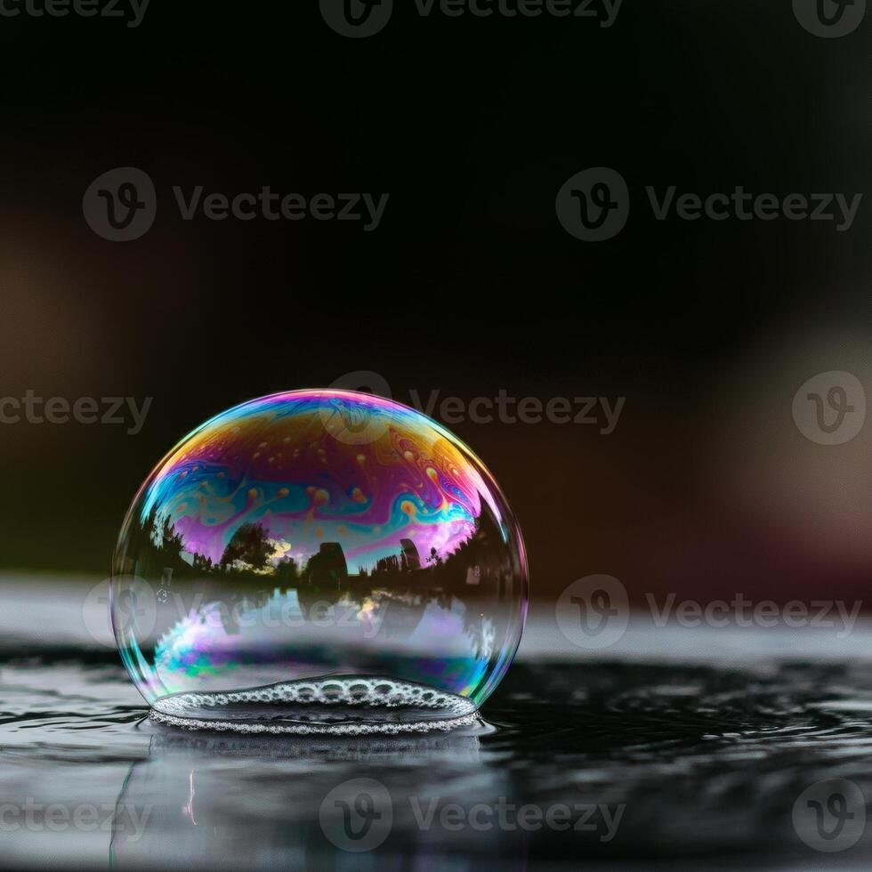 Floating soap bubble reflecting rainbow colors with water surface night background surreal magical abstract concept photo